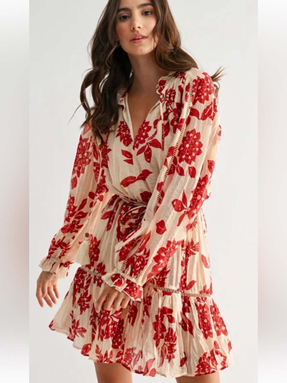 Camellia Rust beige Floral Tie-Waist mini Dress S